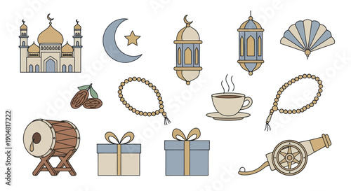 Ramadan Icons Set: Mosque, Lanterns, Gifts, Drum, Dates, Coffee, Prayer Beads, Cannon