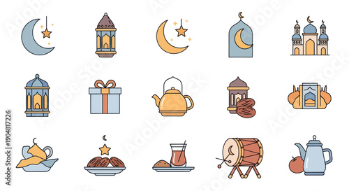 Ramadan Icons Set: Crescent Moon, Lanterns, Mosque, Dates, Drum, Tea, Gift Box