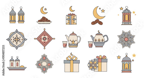 Ramadan Icons: Lanterns, Dates, Gifts, Teapot, Crescent Moon & Stars
