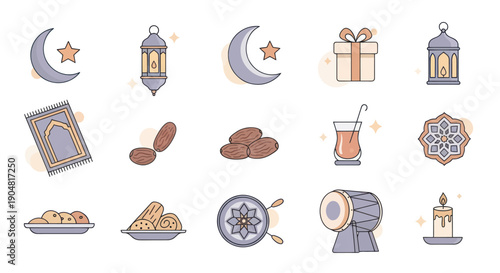 Ramadan Icons Set: Crescent Moon, Lanterns, Dates, Prayer Mat, Drum, Candle, Gift