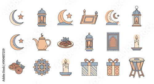 Ramadan Kareem Icons Set: Moon, Lantern, Gifts, Prayer Mat, Food, Candle, Drum
