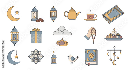 Ramadan Islamic Icons Collection: Moon, Lanterns, Prayer Mat, Tea, Gift, Quran