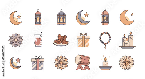 Ramadan Kareem icons: crescent moon, lanterns, dates, gifts, drum, candles, rosary beads, floral
