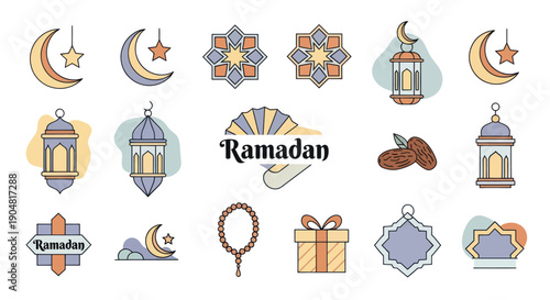 Ramadan Kareem Icons: Crescent Moon, Lanterns, Dates, Prayer Beads, Gift Box, Geometric Patterns