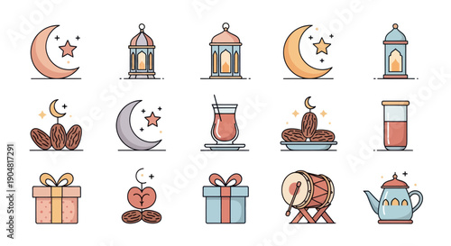 Ramadan Icons: Crescent Moon, Lanterns, Dates, Tea, Drum, Gift Box Set