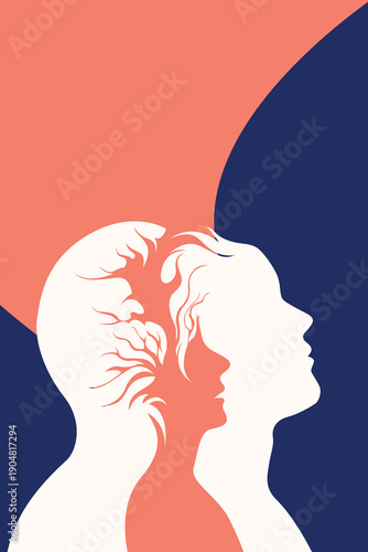 Warm surreal dual profiles man woman inner child tree mind, thoughts memories overthinking, minimalist mental health psychology abstract vector silhouette