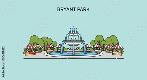 Bryant Park NYC Illustration A serene urban oasis featuring a central fountain surrounded by charming market stalls and lush trees, perfect for city strolls and relaxation