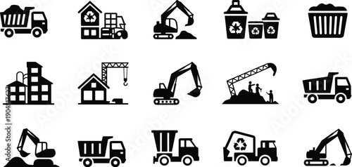 Construction and recycling equipment icon set, excavators dump trucks waste management containers industrial machinery collection for infrastructure and environmental services