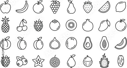 Collection of Hand-Drawn Fruits in Minimalist Line Art Style  
