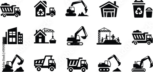 Construction and waste management icon collection, excavators dump trucks recycling bins industrial buildings heavy machinery vector set for infrastructure projects