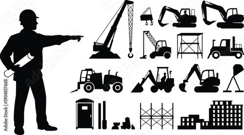 Construction engineer silhouette pointing with blueprint, crane, excavators, loaders and building equipment icons, industrial construction planning and development vector illustration