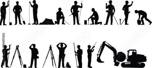 Construction surveying workers silhouette set, engineers measuring ground with total station equipment excavator site operations civil engineering infrastructure mapping vector illustration collection