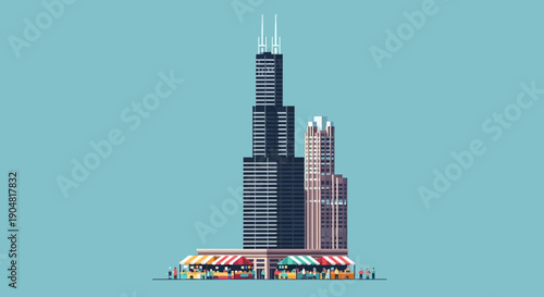 Iconic skyscraper illustration featuring a detailed architectural representation of a famous tall building with a bustling street scene and shops at its base against a clear sky
