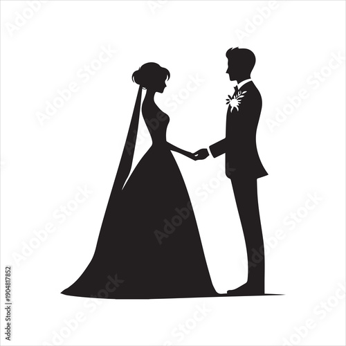 Silhouette of a groom proposing to his bride with an engagement ring on their wedding day