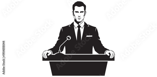 Confident professional man in suit Public speaker at podium with microphone Business leader executive communication