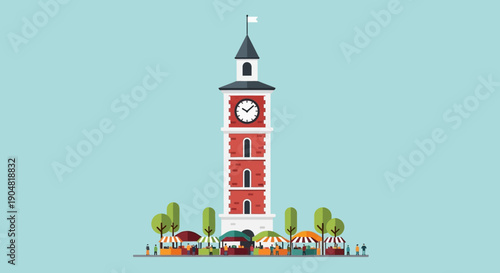 A vibrant cartoon illustration of a red and white clock tower standing tall amidst a bustling street fair filled with colourful stalls, trees, and people, set against a clear blue sky