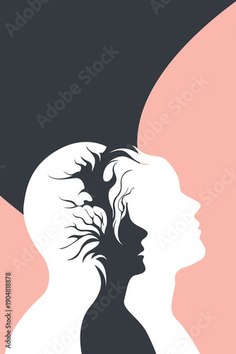 Soft surreal dual profiles man woman inner child tree brain, overthinking thoughts memories, minimalist mental health psychology abstract silhouette vector