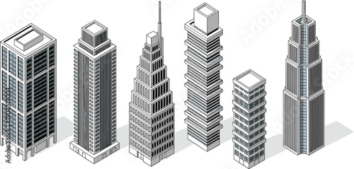 Minimal isometric skyscraper set smart city urban vector