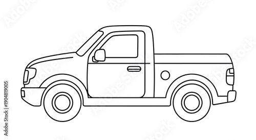Simple line drawing of a pickup truck viewed from the side in black and white