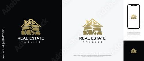 Golden Stone House Logo  Real Estate Company Branding.