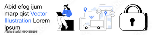 Remote work, logistics, cybersecurity, technology integration, online communication, data protection. Person using laptop, mapped delivery truck security lock. Remote work and cybersecurity concept