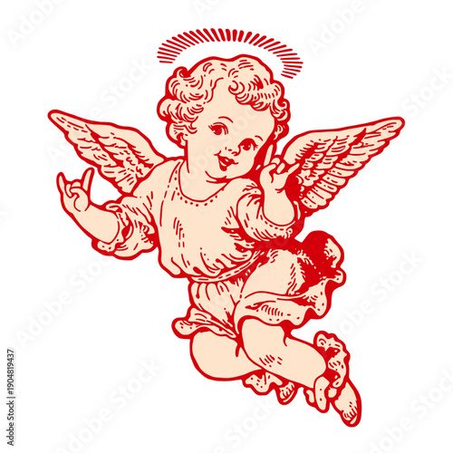 A cute cherub angel  makes a rock hand gesture expressing humor rebellion music attitude and playful innocence in a rvintage illustration style.