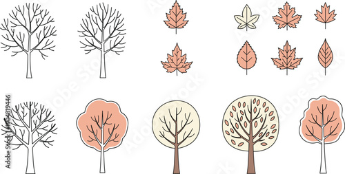 Minimal pastel botanical trees and leaves hand drawn vector