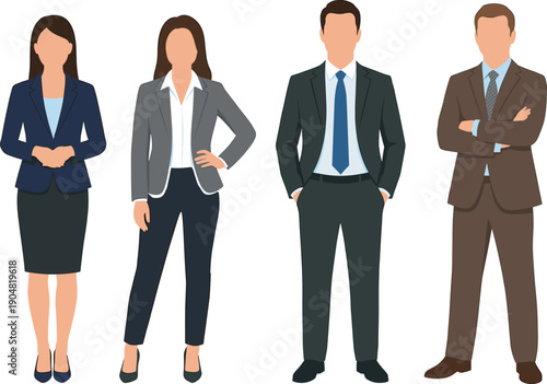 Business professionals standing together in professional formal attire, diverse team of corporate office employees, multiethnic coworkers set illustration