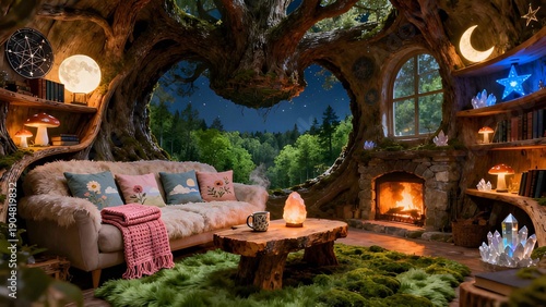 Enchanting Fairy Tale Treehouse Living Room with Moss Carpet, Fireplace, and Crystal Decor