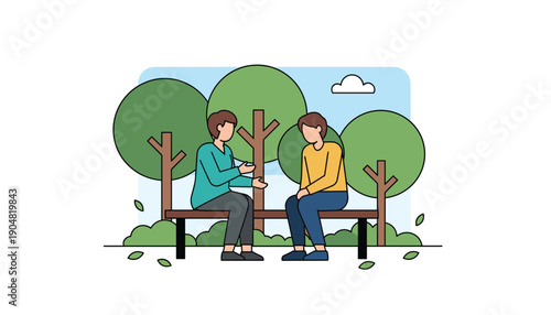 Couple sitting bench park talking nature