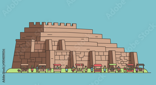 A historic ancient fortress with a bustling marketplace in front, featuring stalls and people, showcasing a vibrant cultural scene under a clear sky