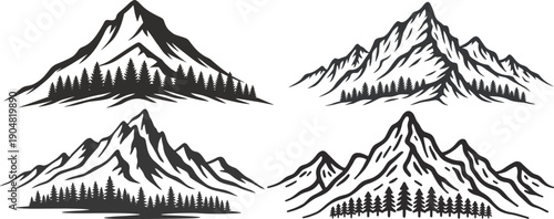 Four black and white mountain range illustrations with pine trees