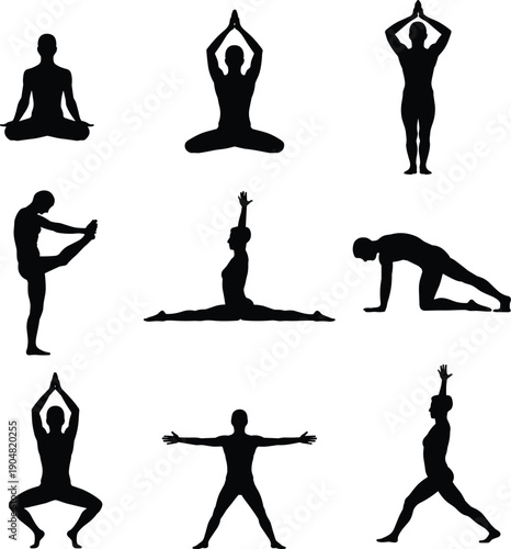 Nine Black Silhouettes of Yoga Poses on White Background