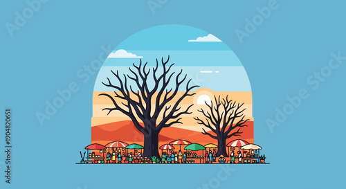 Vibrant vector illustration of a bustling outdoor bazaar with crowded stalls under leafless trees in a warm desert landscape at sunset
