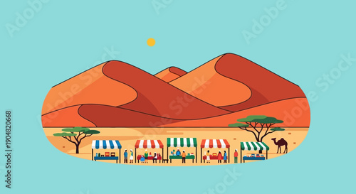 Explore a vibrant, beautifully illustrated desert market scene, capturing the lively atmosphere of traditional stalls and local commerce nestled peacefully among majestic sand dunes