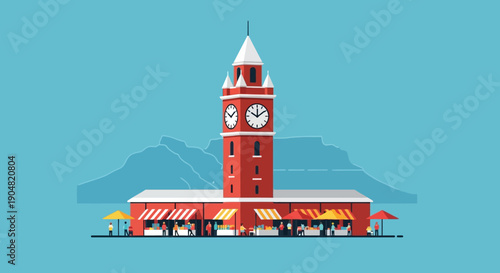 Vibrant urban market square with a majestic red clock tower, bustling street stalls, and happy shoppers, capturing popular cultural travel destinations