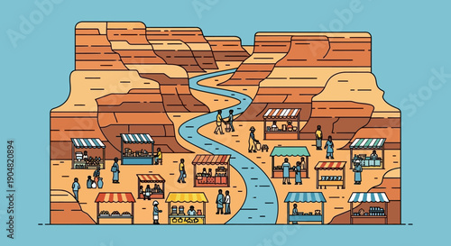 Vibrant community market thriving in a scenic desert canyon, featuring bustling stalls and a winding river in a unique illustration of commerce