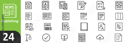 Collection of 24 black and white document icons for publishing and editing
