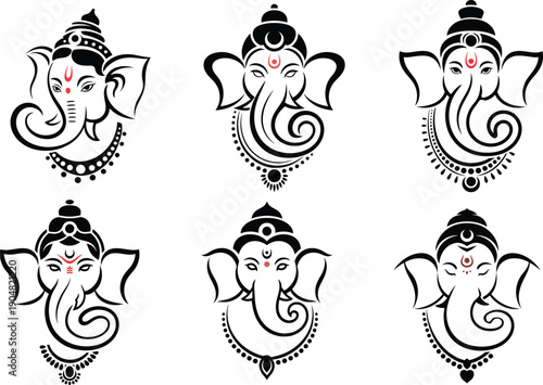 Six stylized black and white Ganesha elephant heads with red accents