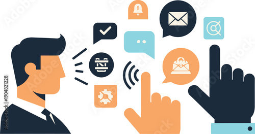 Modern digital interaction with online services, depicting a business professional engaging with technology, communication, and  symbolizing efficient information flow and user experience in a connect