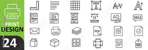 Collection of 24 print design icons and graphics for various materials and applications