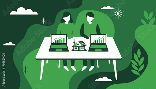 Couple planning sustainable future with laptops and solar powered house model, green environment background