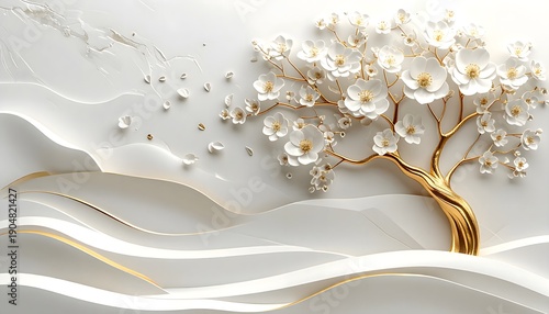 Illustration of beautiful 3d white cherry blossom tree on abstract wavy gold and white background with flowers and gold accents
