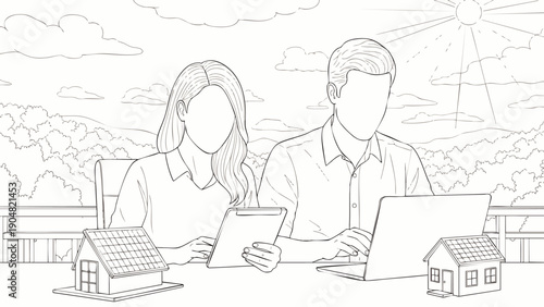 Couple working remotely with laptops and tablet, surrounded by miniature houses, symbolizing real estate investment and home ownership.