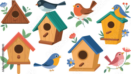 Colorful birdhouses illustration, whimsical birds and flowers, decorative nature design, garden wildlife art, cheerful springtime scene for kids content