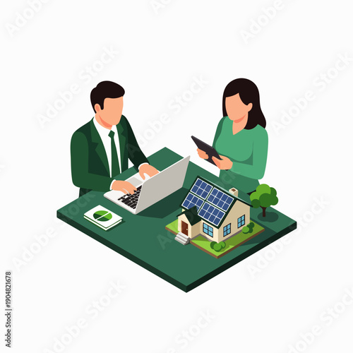 Isometric business consultation on solar energy for sustainable homes. Professionals discuss green technology, renewable power, and eco-friendly real estate.