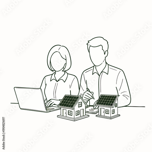 Couple planning solar panel installation for their homes, calculating costs and benefits with laptop and calculator.