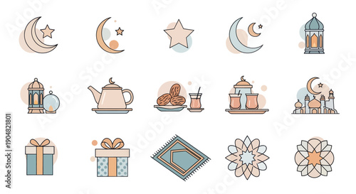Ramadan Icons Set: Moon, Star, Lantern, Dates, Mosque, Gift, Prayer Mat, Tea