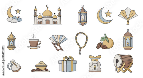 Ramadan Icons: Mosque, Lanterns, Dates, Coffee, Gift, Drum, Moon, Star - Islamic Holiday Vector Art
