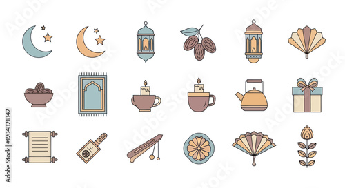 Ramadan Icons Set: Crescent Moon, Lanterns, Dates, Prayer Mat, Gift Box, Tea
